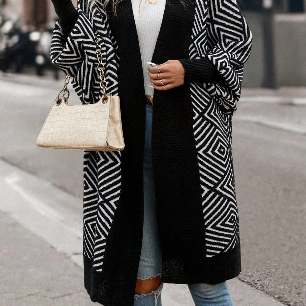 Black Casual Womens Geo Pattern Lantern Sleeve Duster Cardigan - Picture 4 of 6